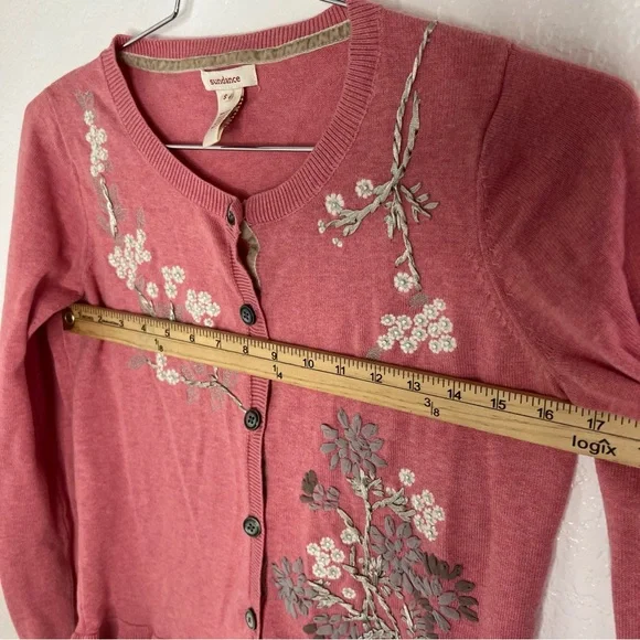 Sundance Women's Pink Ruffle Cardigan Sweater Embroidered Ribbon Flowers Small - Picture 5 of 6